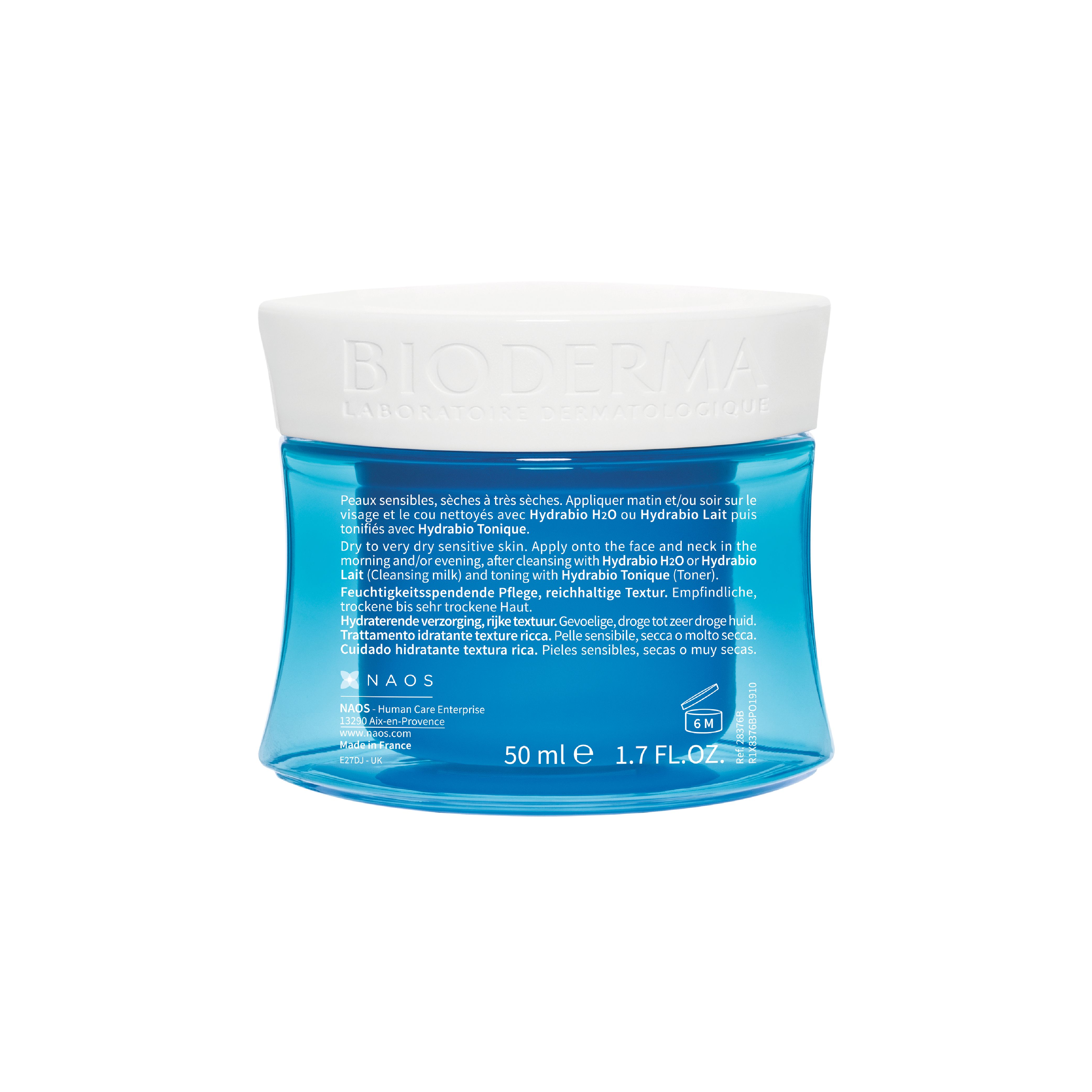 Vaso blu con coperchio bianco. Scritta: BIODERMA. Testo sul retro. Volume: 50 ml.