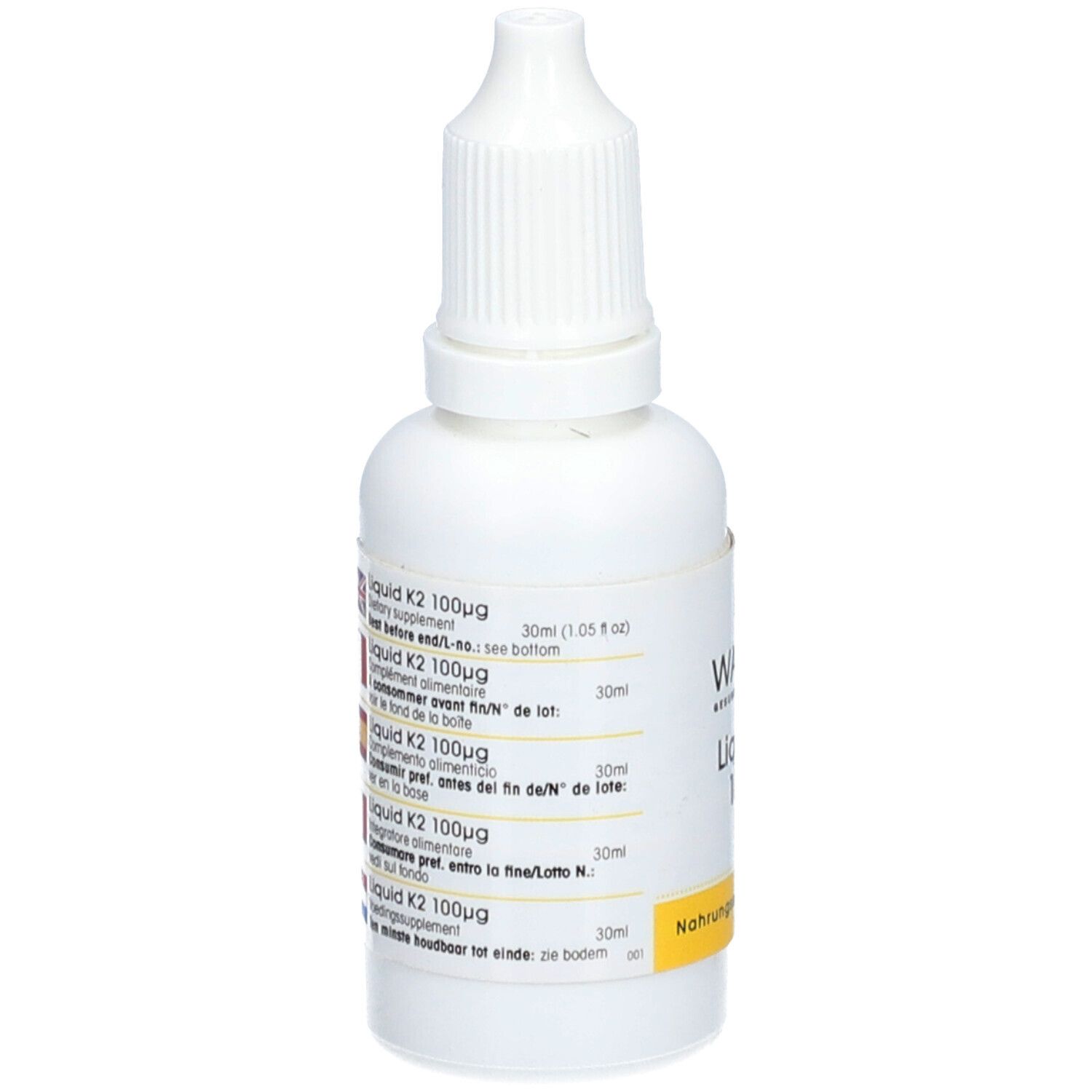 Flacone bianco con contagocce. Scritta: Liquid K2 100µg, 30ml. Informazioni multilingue. Etichetta gialla: Integratore alimentare.