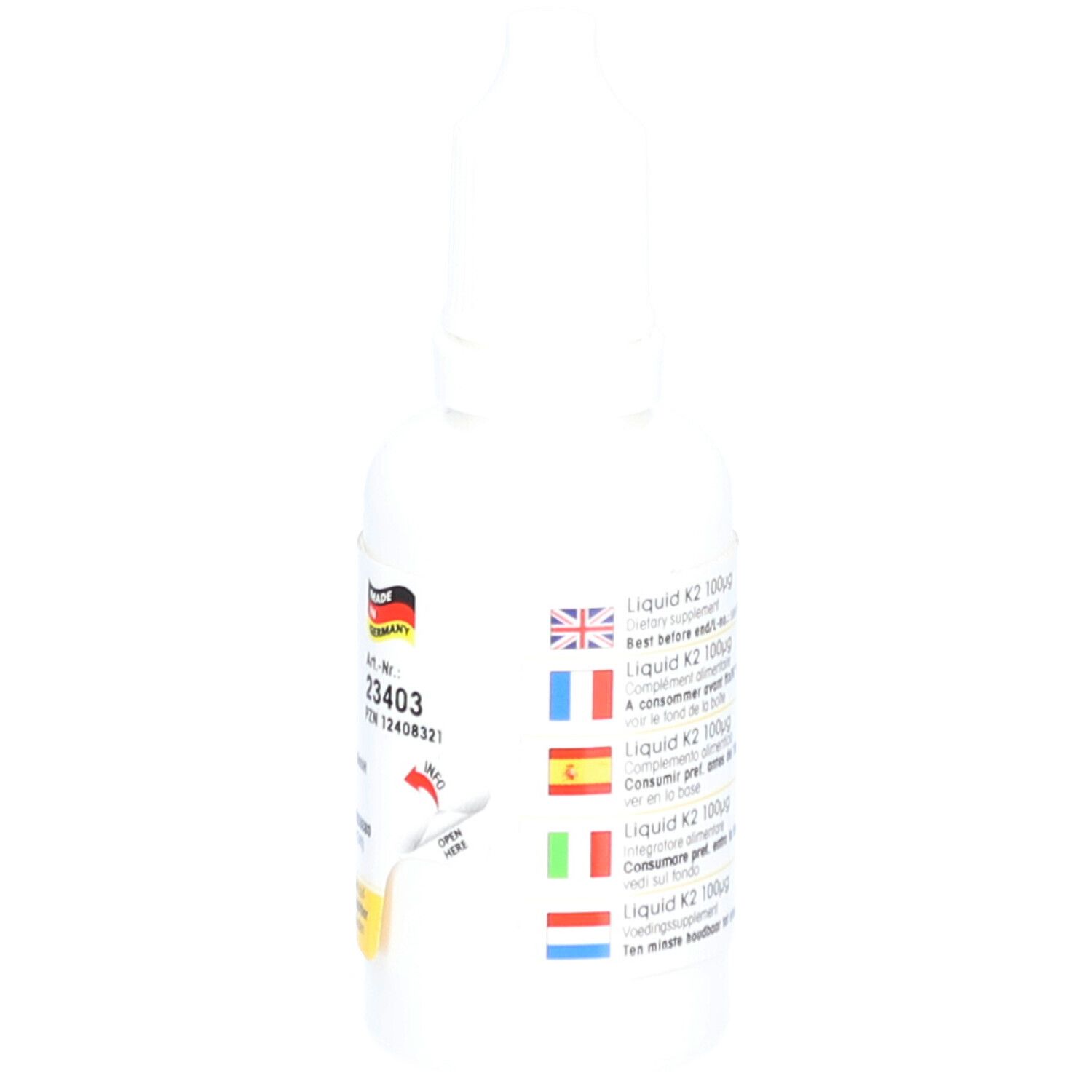 Flacone bianco con contagocce. Adesivo con bandiere e testo. Prodotto in Germania. Numero di lotto e data di scadenza.