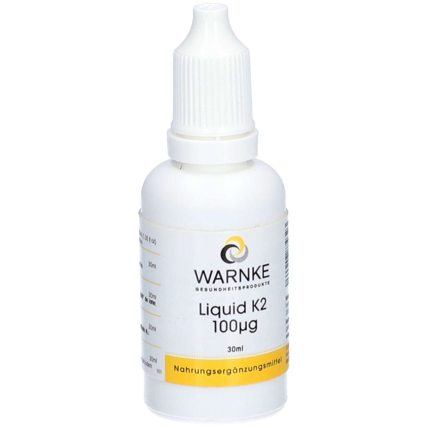 Flacone bianco con contagocce. Scritta: WARNKE, Liquid K2 100µg, 30ml. Etichetta gialla: Integratore alimentare.