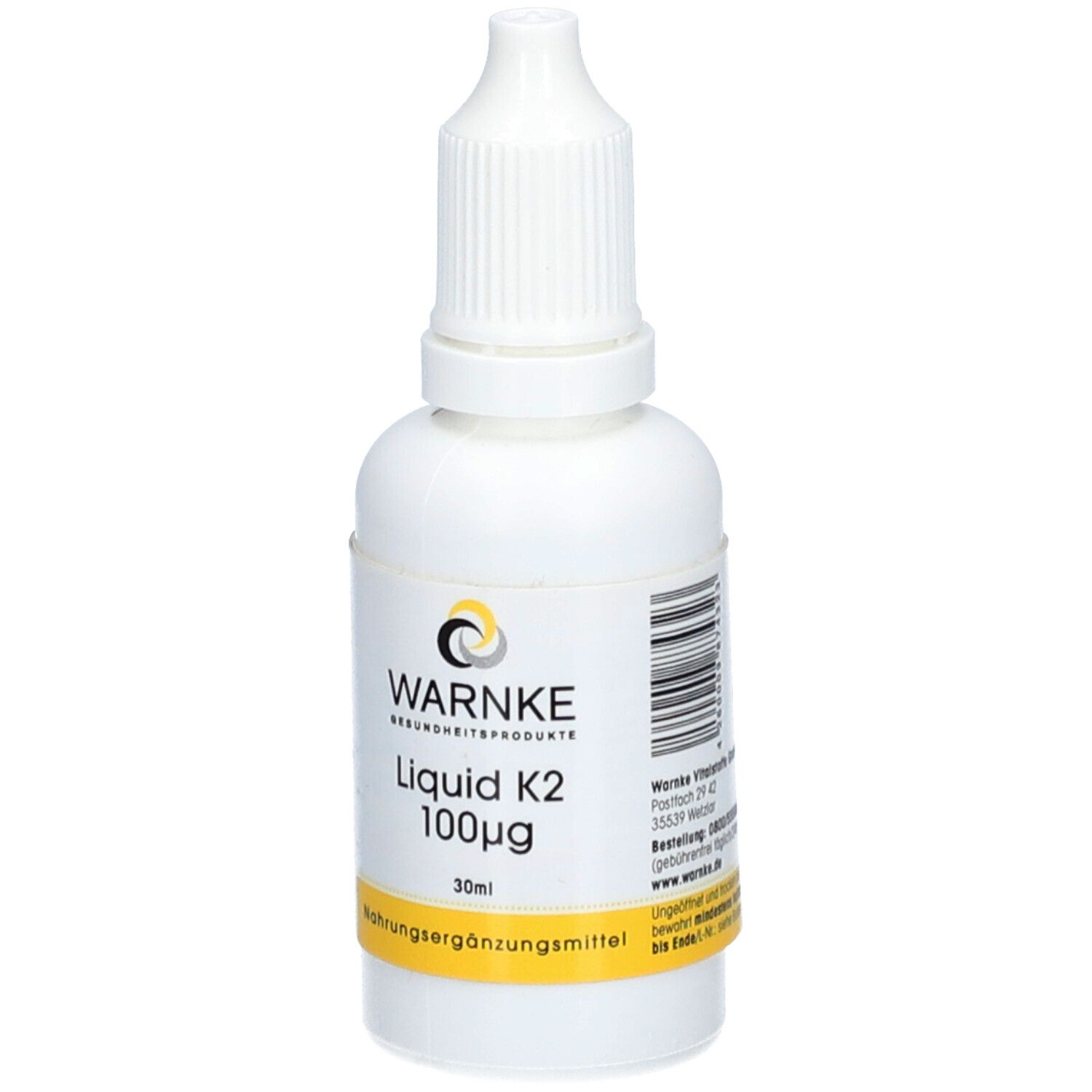 Flacone bianco con contagocce. Scritta: WARNKE, Liquid K2 100µg, 30ml. Codice a barre. Etichetta gialla: Integratore alimentare.