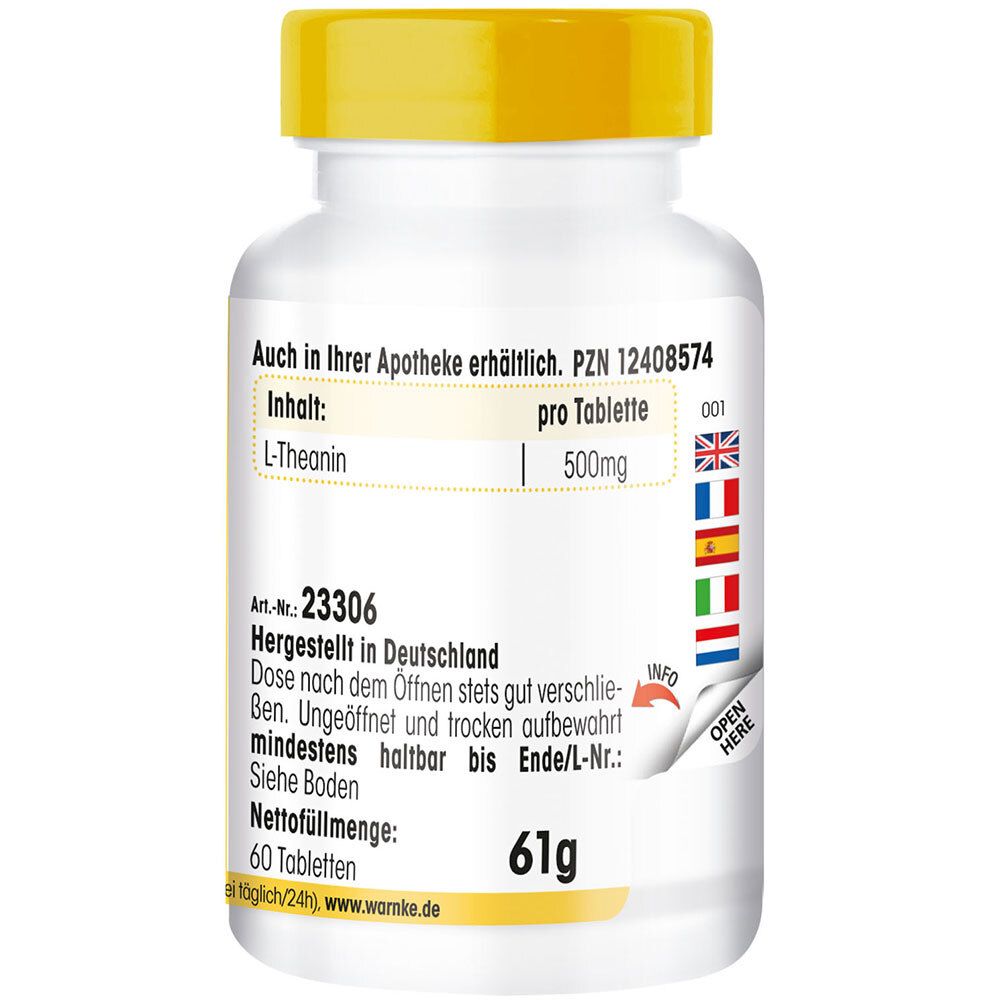 Retro del flacone bianco con tappo giallo. Testo: L-Teanina, 500mg, 61g, 60 compresse. Prodotto in Germania. PZN 12408574.