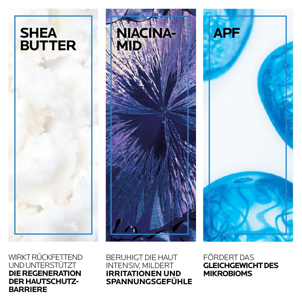 Tre ingredienti: Burro di karité, Niacinamide, APF. Testo: Nutre, lenisce, favorisce l'equilibrio del microbioma.