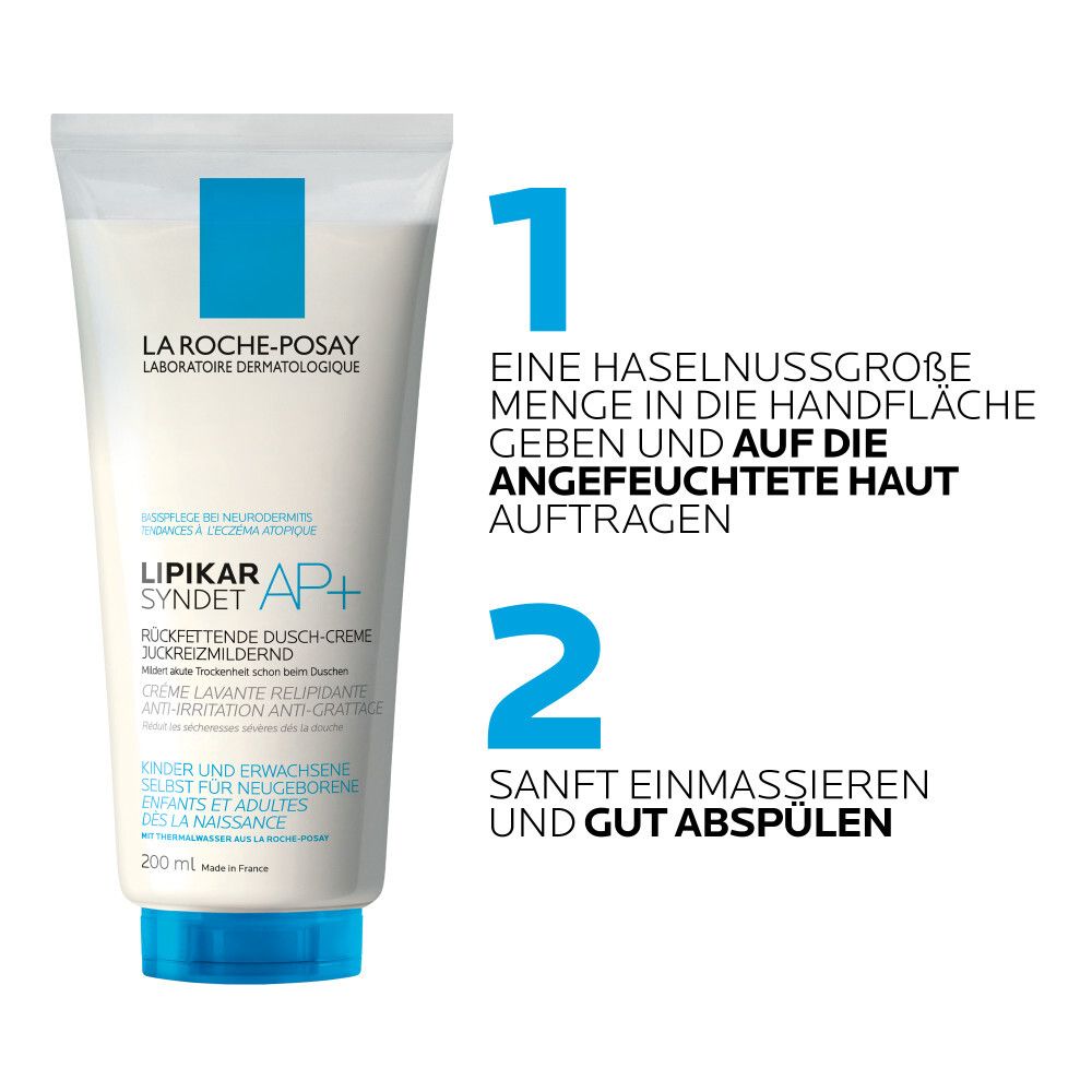 Tubo Lipikar Syndet AP+. Testo: 1. Applicare una noce. 2. Massaggiare delicatamente e risciacquare bene.