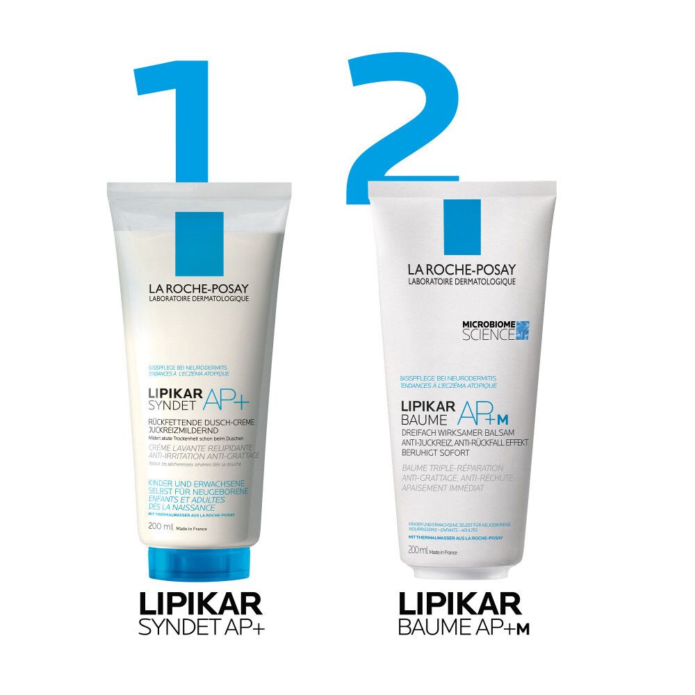 Due tubi: Lipikar Syndet AP+ e Baume AP+M. Entrambi con tappo blu. Marchio La Roche-Posay.