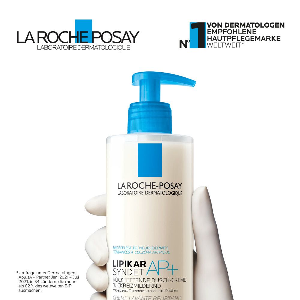 La Roche-Posay Lipikar Syndet AP+ gel doccia. Flacone in una mano. N. 1 marchio dermatologico al mondo.