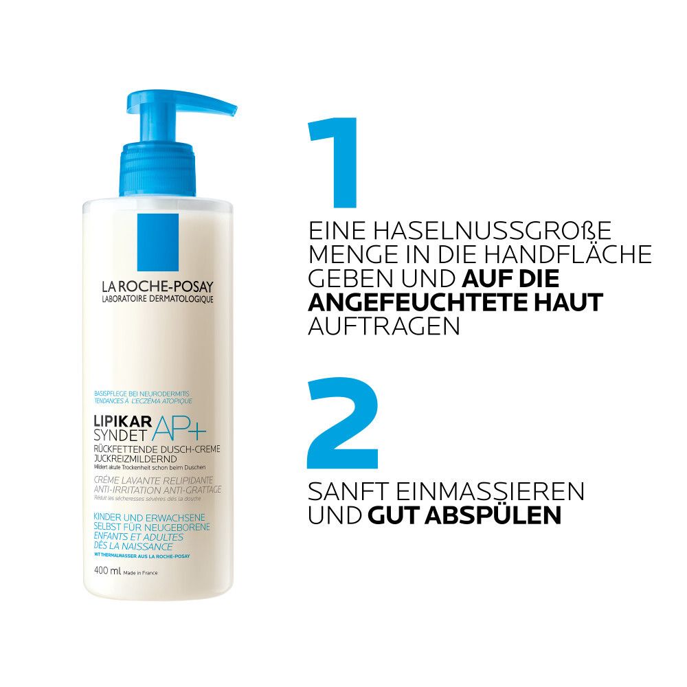 Uso del gel doccia La Roche-Posay Lipikar Syndet AP+. Fase 1: Applicare una quantità pari a una nocciola. Fase 2: Massaggiare.