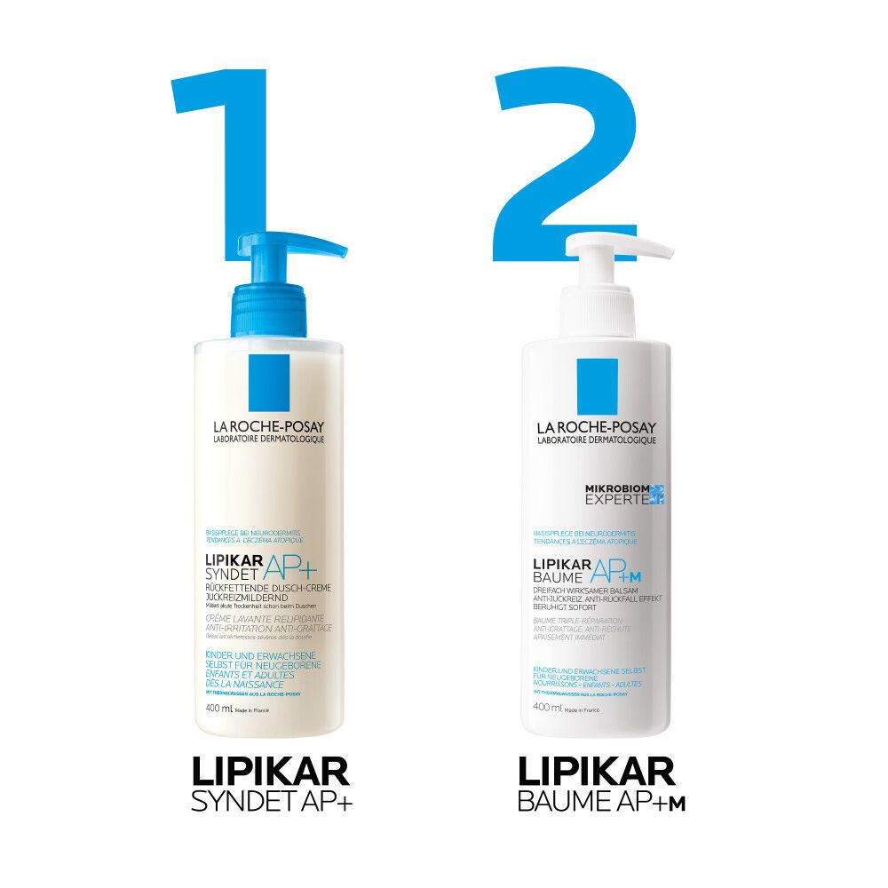 Confronto tra La Roche-Posay Lipikar Syndet AP+ e Baume AP+M. Entrambi i flaconi con dosatore blu.