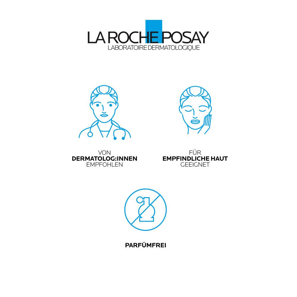 Logo La Roche-Posay. Testo: Raccomandato dai dermatologi, adatto alle pelli sensibili, senza profumo.