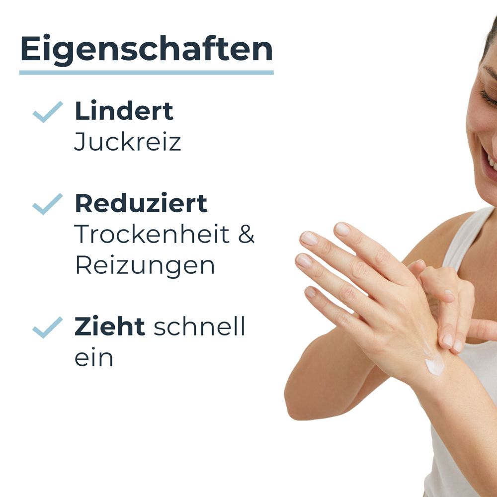 Donna applica la crema mani Eucerin. Proprietà: lenisce il prurito, riduce la secchezza, si assorbe rapidamente.