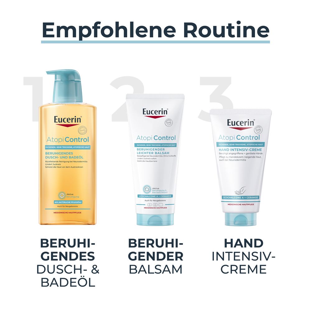 Routine consigliata: Olio da doccia e bagno, balsamo e crema mani intensiva Eucerin.