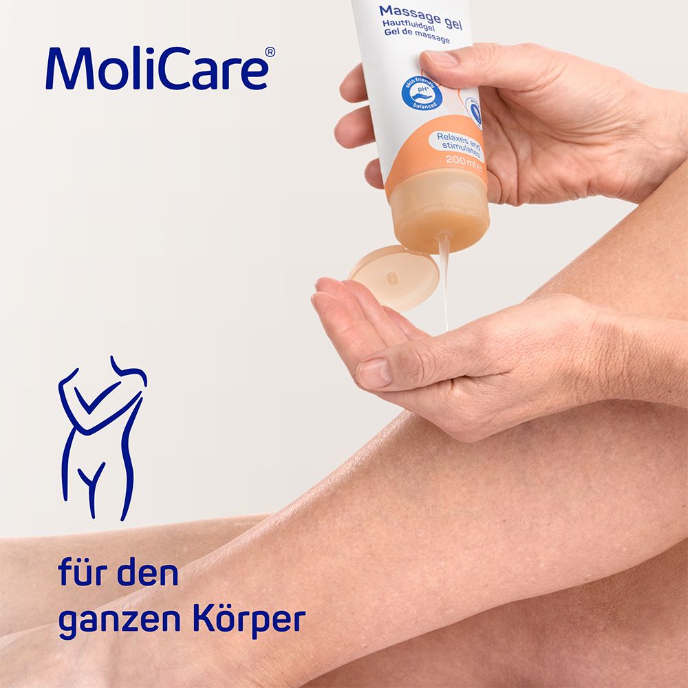 Gel per massaggio MoliCare Skin versato sulla mano. Testo: Per tutto il corpo.