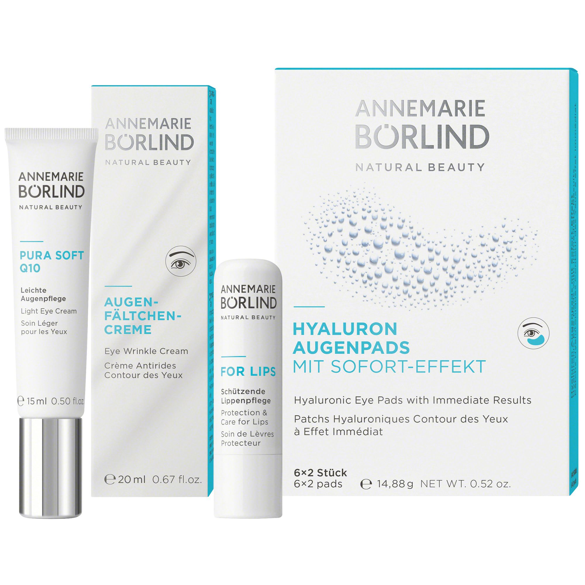 Tre prodotti. Crema occhi, cura labbra e patch occhi. Marchio: ANNEMARIE BÖRLIND. Testo: Hyaluron Augenpads.