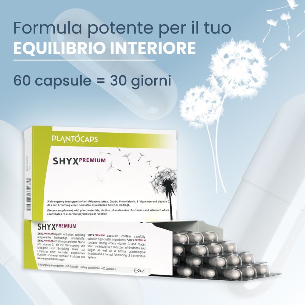 Confezione PlantoCaps SHYX PREMIUM di lato, con informazioni dettagliate sul prodotto.