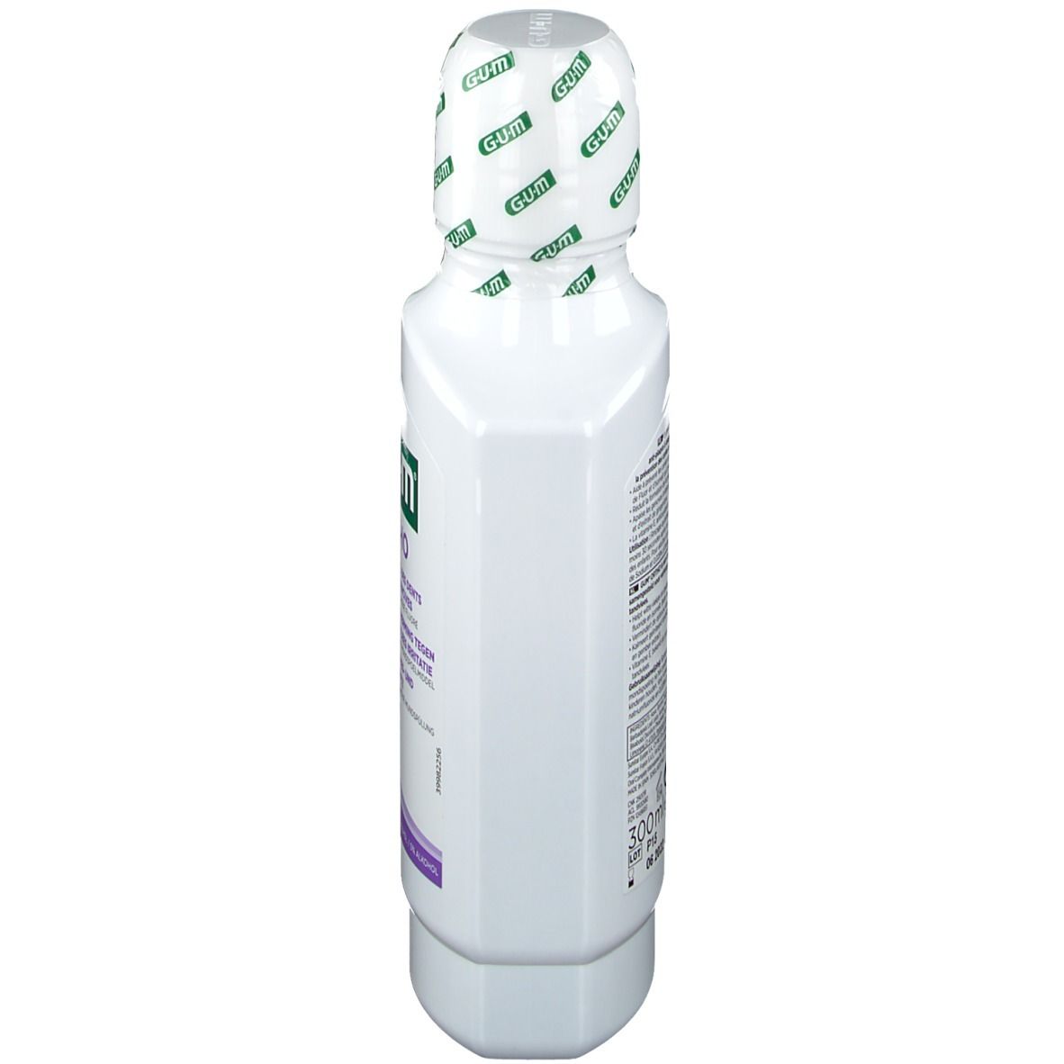 Retro di un flacone bianco GUM Ortho. Testo multilingue. 300ml, data di scadenza e codice a barre.