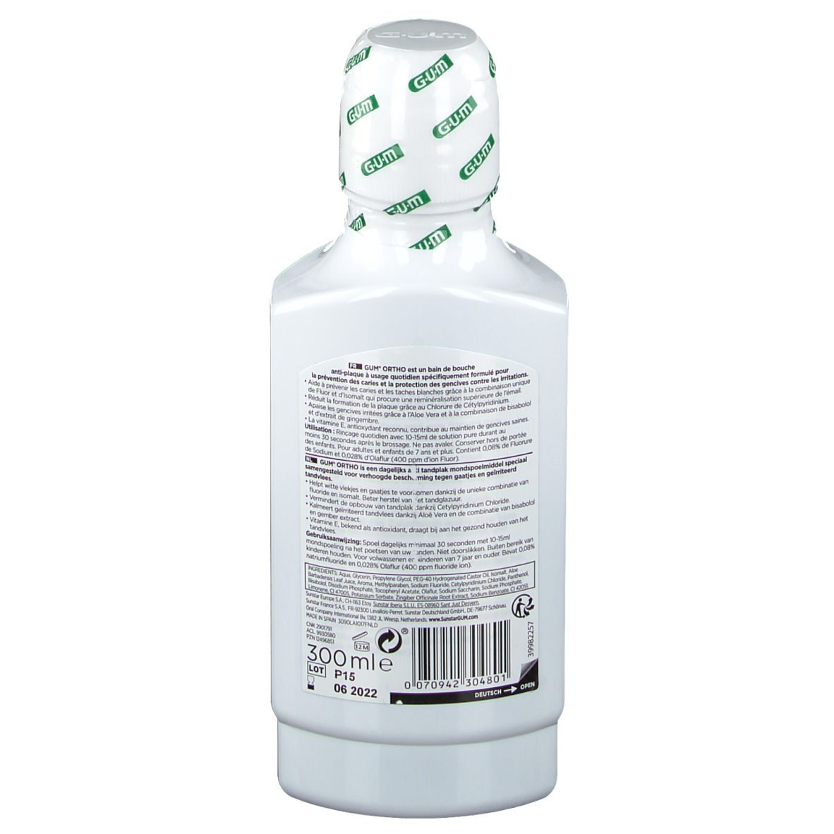 Retro di un flacone bianco GUM Ortho. Testo multilingue. 300ml, data di scadenza e codice a barre.