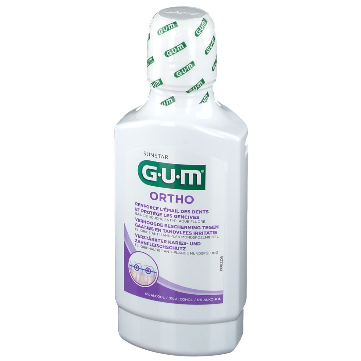 Flacone bianco GUM Ortho. Etichetta verde e bianca con nome e loghi. Tappo con logo GUM.