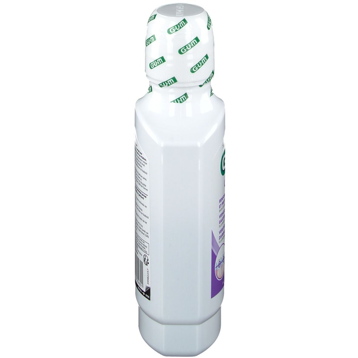 Flacone GUM Ortho bianco, vista laterale. Etichetta con informazioni sul prodotto. Tappo con logo GUM.