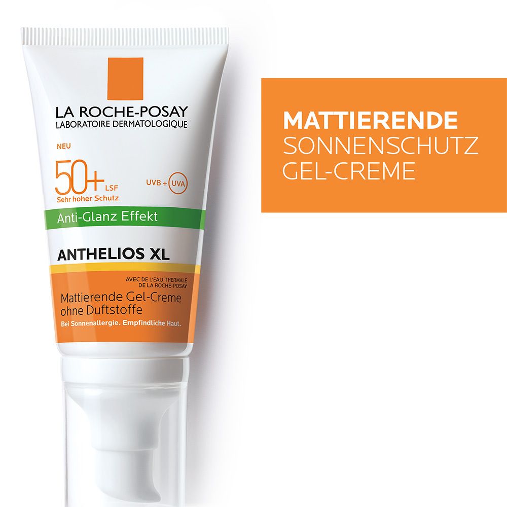 Tubo di crema solare, bianco, accenti arancioni e verdi. Testo: Anthelios XL 50+.