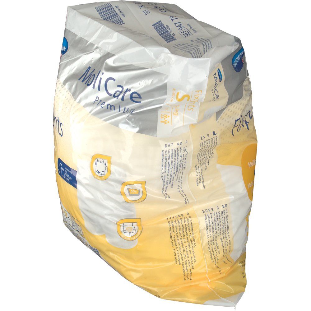 Hartmann MoliCare Premium Fixpants in confezione di plastica. Nome del prodotto e taglia S visibili. Vista obliqua dall'alto.