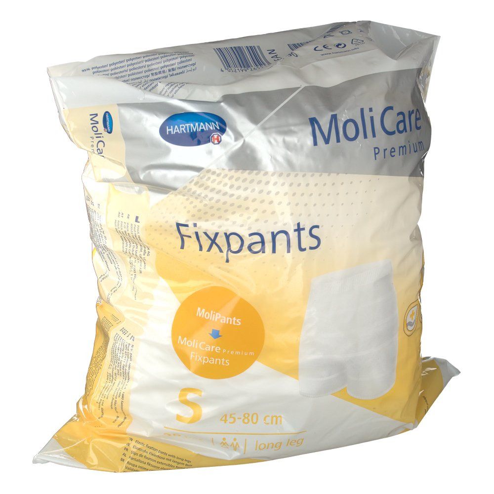 Hartmann MoliCare Premium Fixpants in confezione. Taglia S, 5 pezzi. Confezione giallo-bianca con immagine del prodotto.