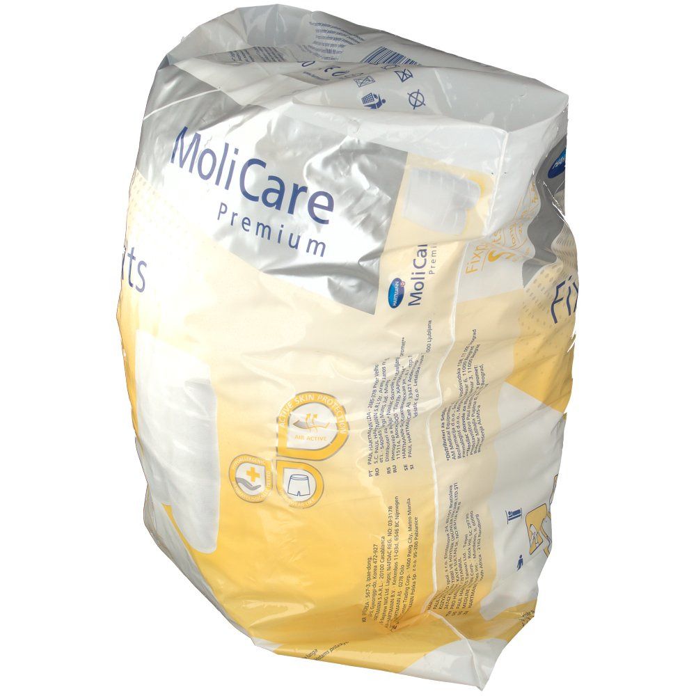 Hartmann MoliCare Premium Fixpants in confezione di plastica. Nome del prodotto e taglia S visibili. Vista obliqua.