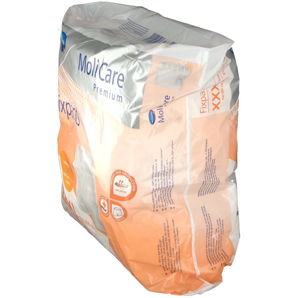 Vista obliqua della confezione MoliCare Fixpants. Taglia XXXL visibile. Imballaggio trasparente con informazioni sul prodotto.