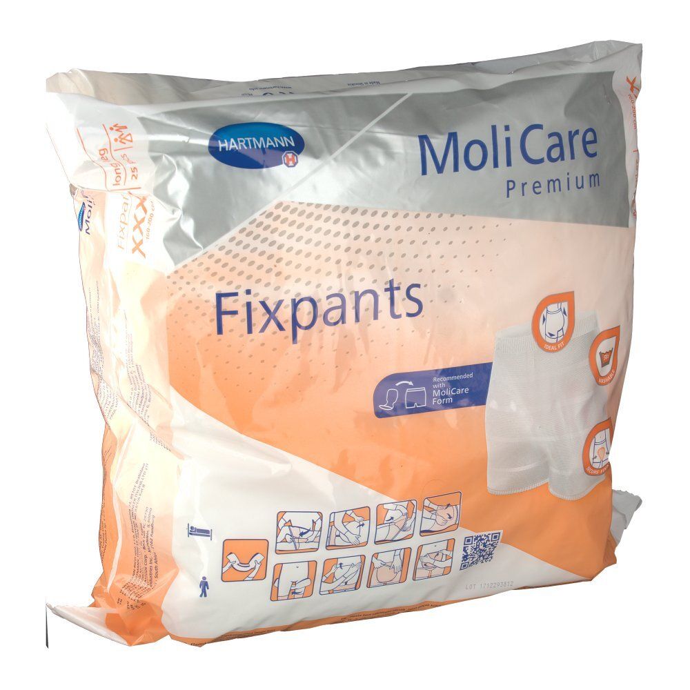 Confezione MoliCare Fixpants, parzialmente trasparente. Nome del prodotto e logo Hartmann visibili. Taglia XXXL e illustrazione del prodotto.