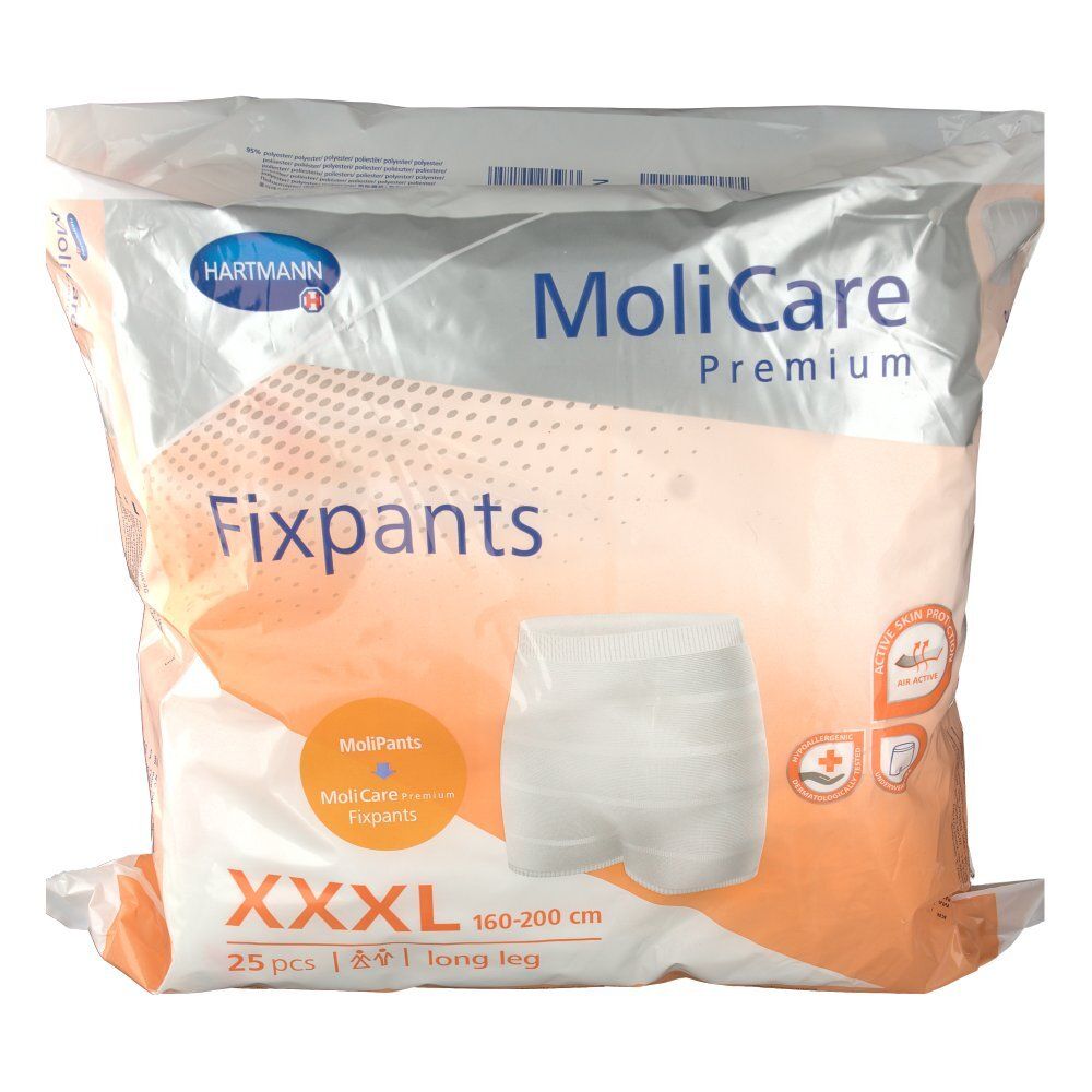 Confezione MoliCare Fixpants, taglia XXXL, 25 pezzi. Illustrazione del prodotto e logo Hartmann visibili. Informazioni sulla taglia.