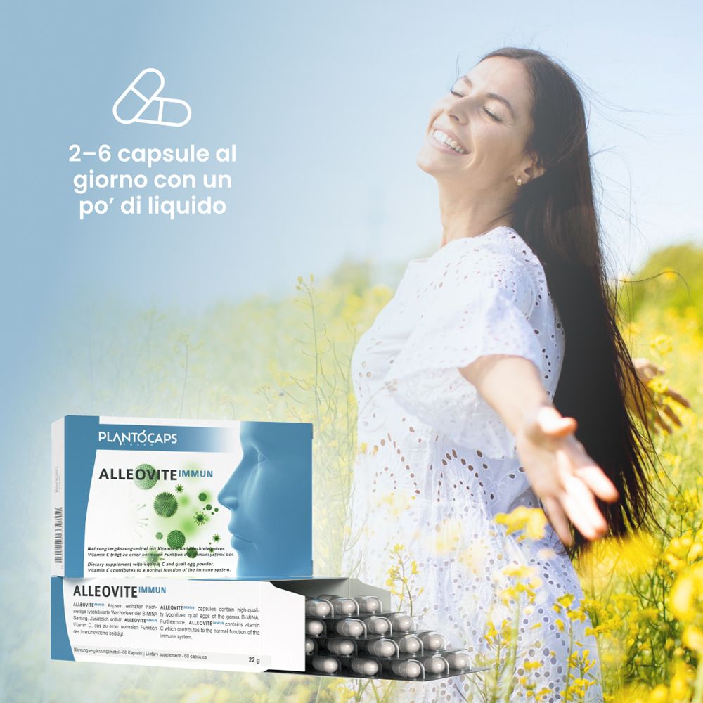 Confezione da 60 capsule, fronte con profilo di volto femminile e virus verdi.