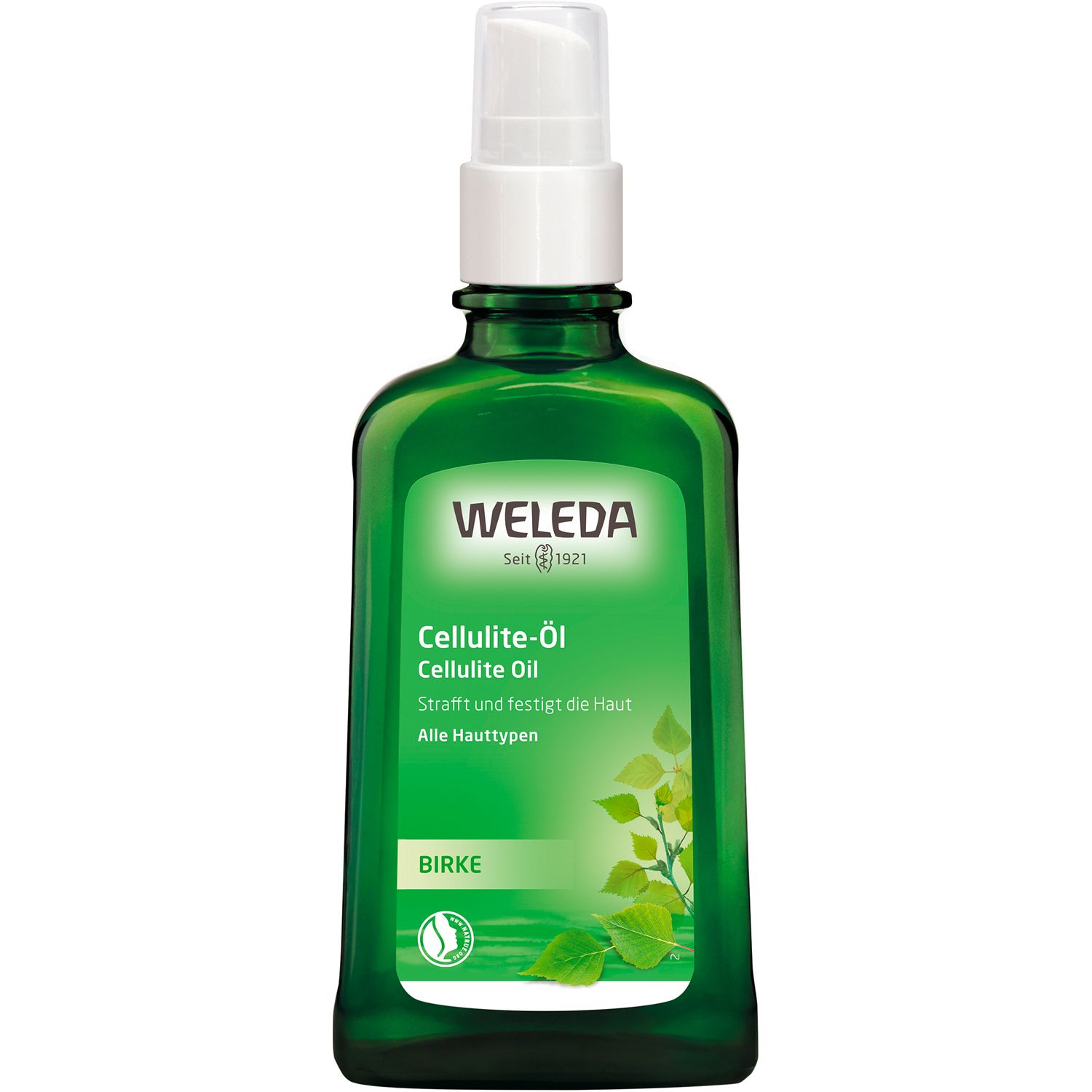 Flacone in vetro verde con dosatore bianco. Scritta: Weleda Cellulite-Öl Birke. Illustrazione di foglie.