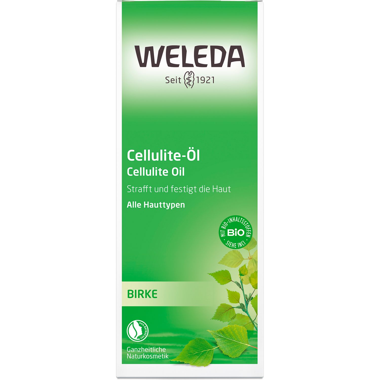 Scatola verde con scritta: Weleda Cellulite-Öl Birke. Con marchio bio e illustrazione di foglie.