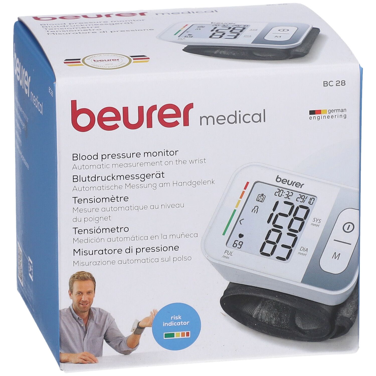 Confezione misuratore pressione Beurer BC 28, con indicatore rischio e ritmo cardiaco.