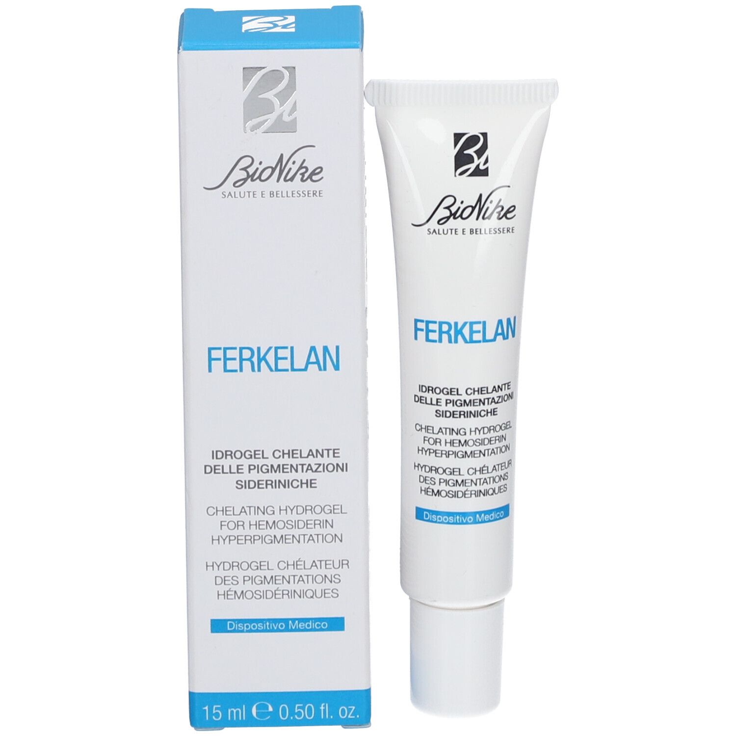 Tubo e scatola BIONIKE Ferkelan Idrogel. Scritta: Ferkelan, 15 ml.