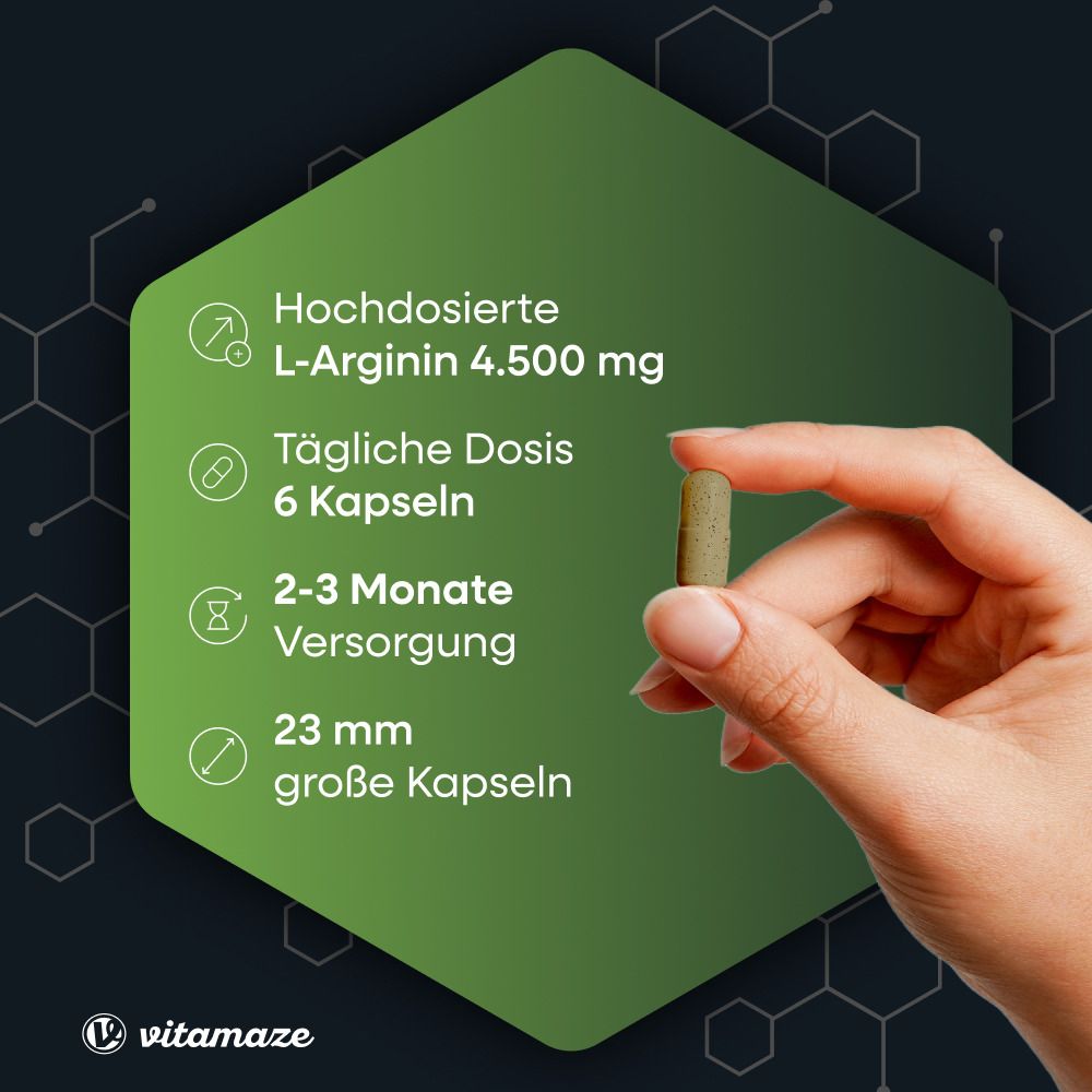 Mano che tiene una capsula. Sfondo verde con testo: L-Arginina 4.500 mg, 6 capsule, 2-3 mesi di fornitura, capsule da 23 mm.