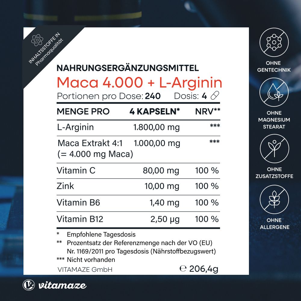 Vitamaze Maca 4000 mg ad Alto Dosaggio + L-Arginina + Vitamine + Zinco