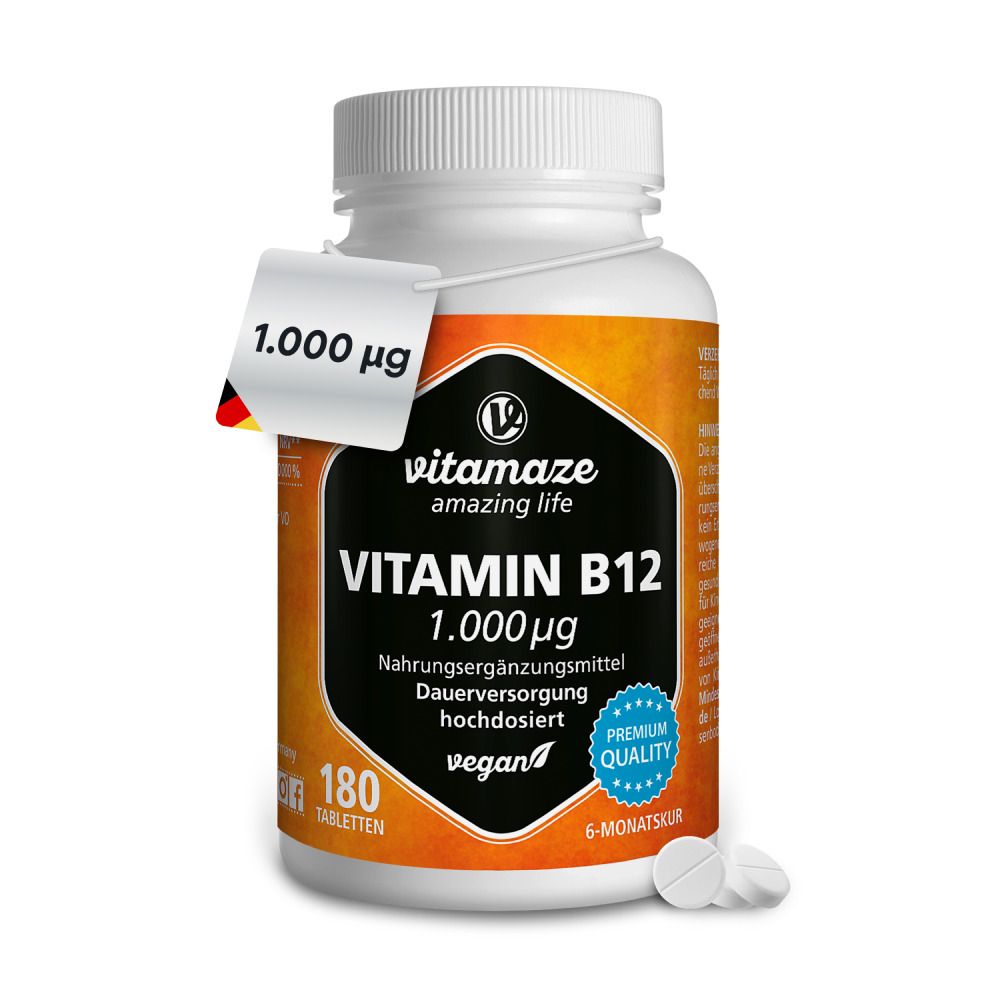 Flacone bianco di compresse di vitamina B12. Etichetta con testo e 1.000 µg. Vegano, 180 compresse, cura di 6 mesi.