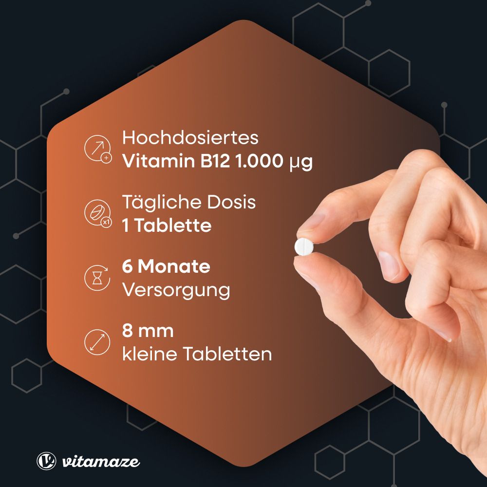 Mano che tiene una compressa. Testo: Vitamina B12 ad alto dosaggio, 1 compressa al giorno, fornitura per 6 mesi, compresse piccole da 8 mm.