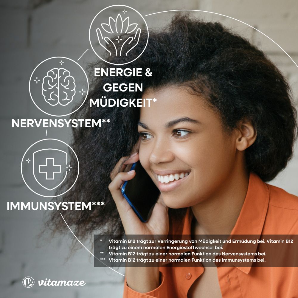 Donna al telefono. Testo: Energia & contro l'affaticamento, sistema nervoso, sistema immunitario. Logo Vitamaze.