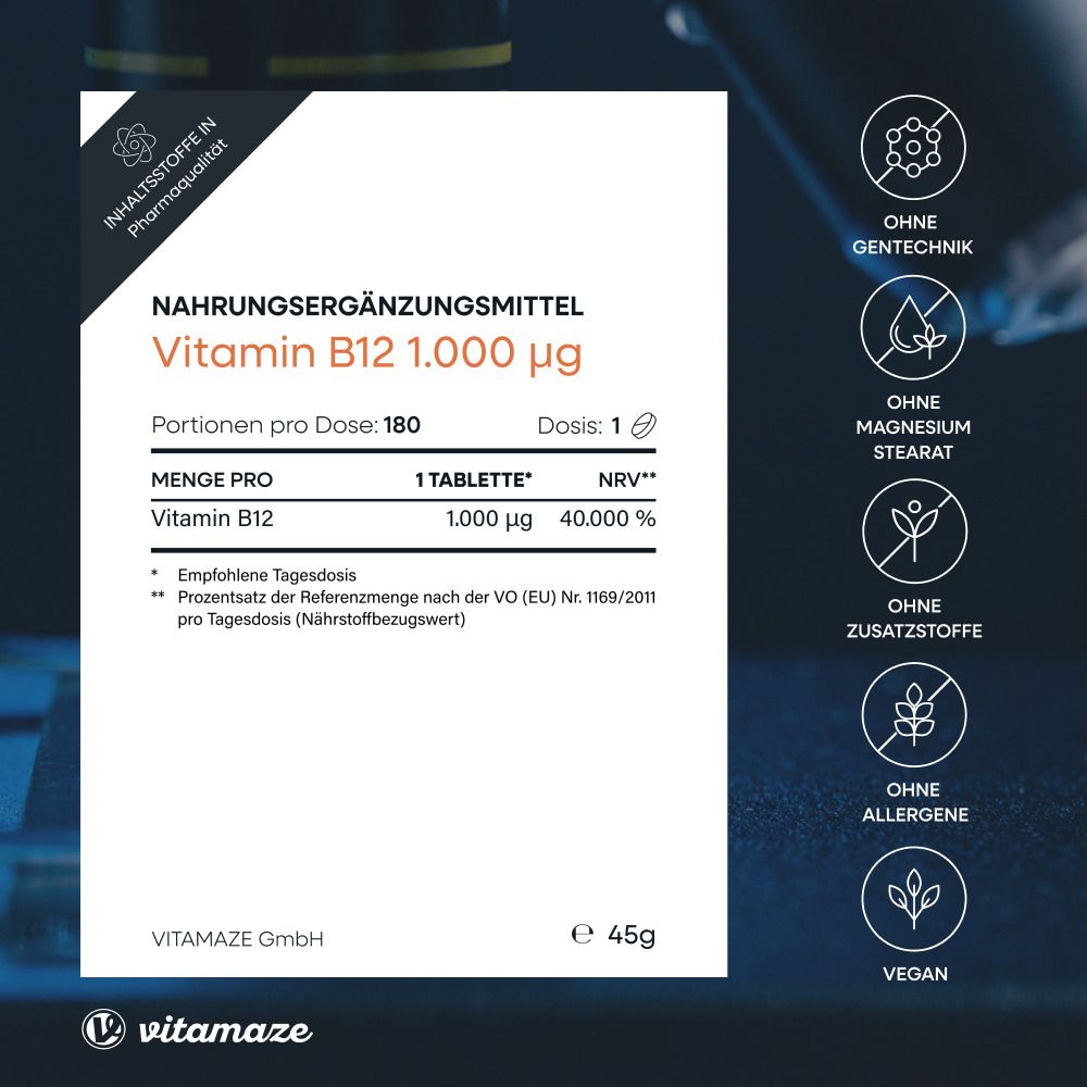 Integratore alimentare Vitamina B12. 1 compressa, 1.000 µg. Senza OGM, stearato di magnesio, additivi, allergeni, vegano.