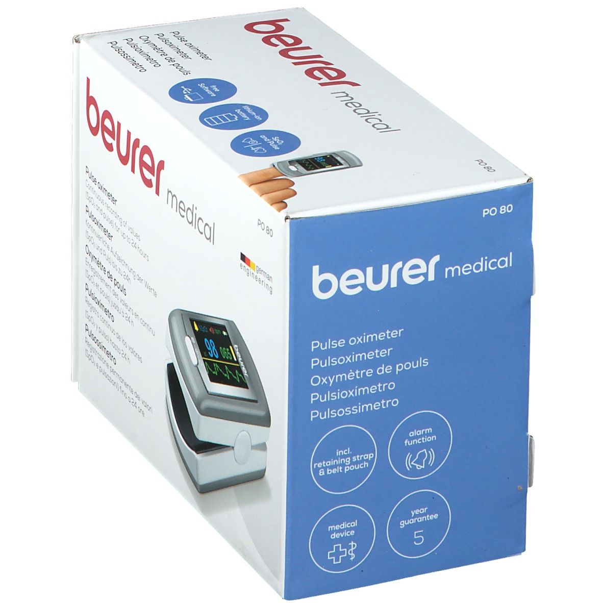 Ossimetro Beurer PO 80 nella confezione. Dispositivo con display, mostra valori. Confezione con nome del prodotto e loghi.