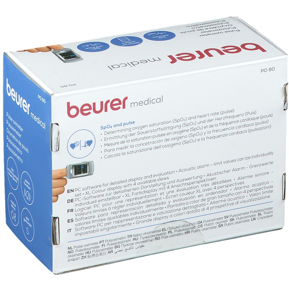 Retro della confezione dell'ossimetro Beurer PO 80. Testo multilingue, caratteristiche del prodotto e loghi.