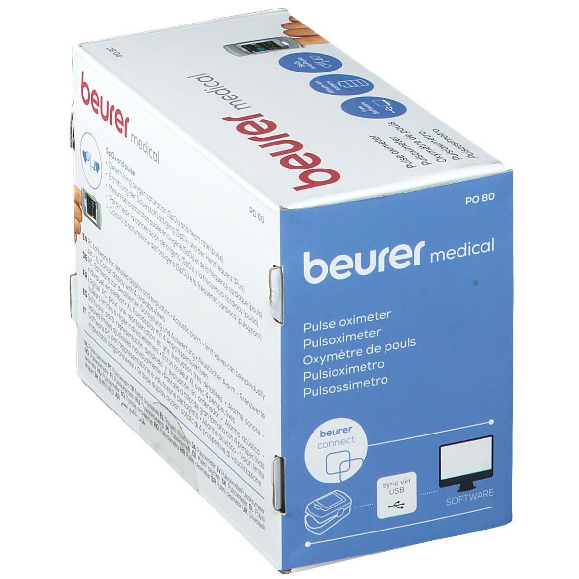 Ossimetro Beurer PO 80 nella confezione. Confezione con nome del prodotto, loghi e simbolo di connessione USB.
