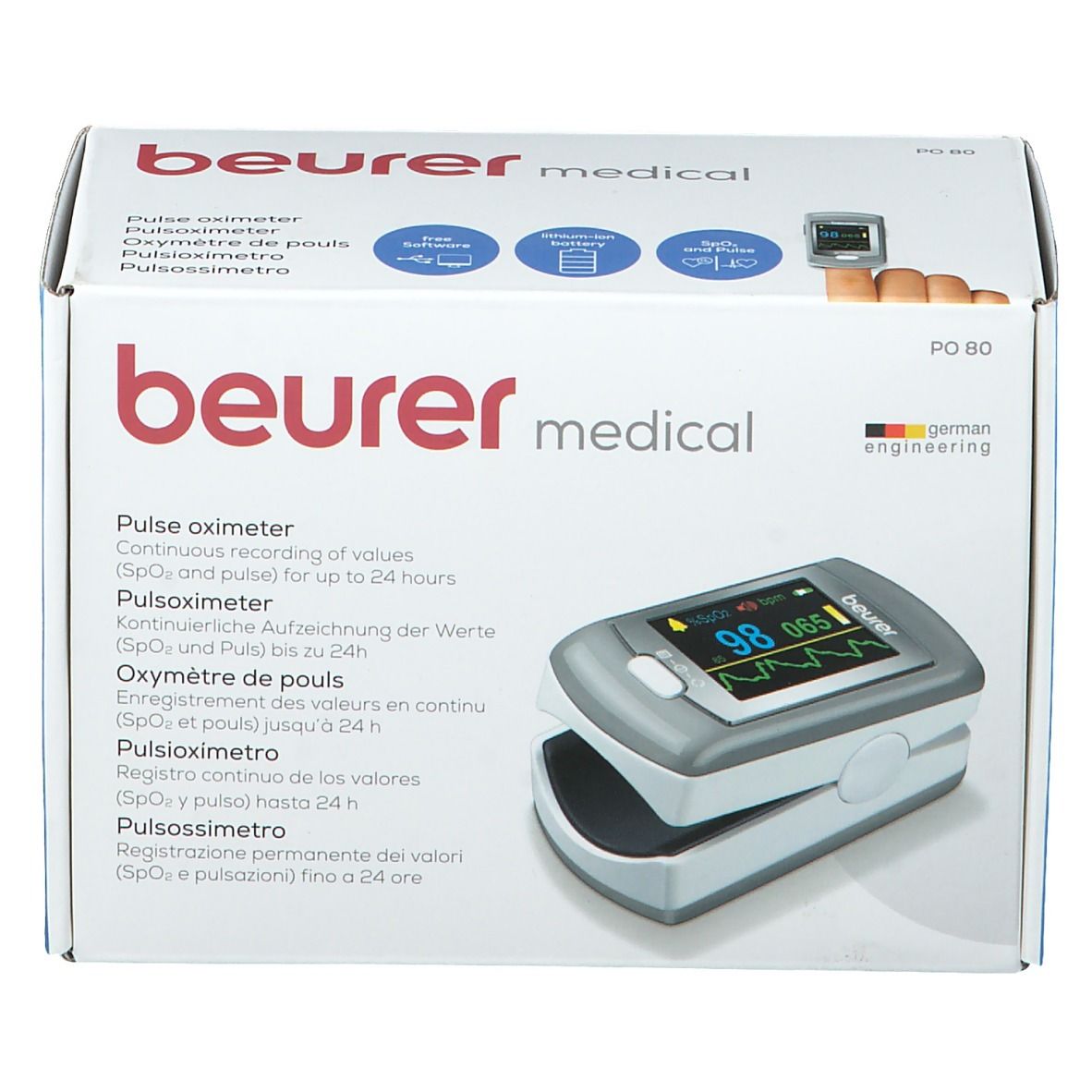 Ossimetro Beurer PO 80 nella confezione. Dispositivo con display, mostra valori. Confezione con nome del prodotto e loghi.