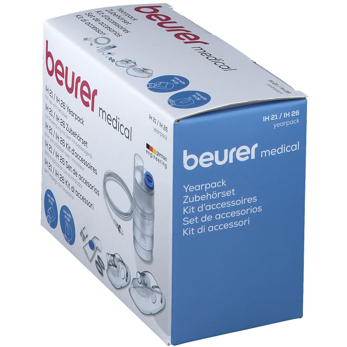 Set accessori Beurer Medical, vista obliqua. Confezione con nome del prodotto, contenuto e bandiera tedesca.