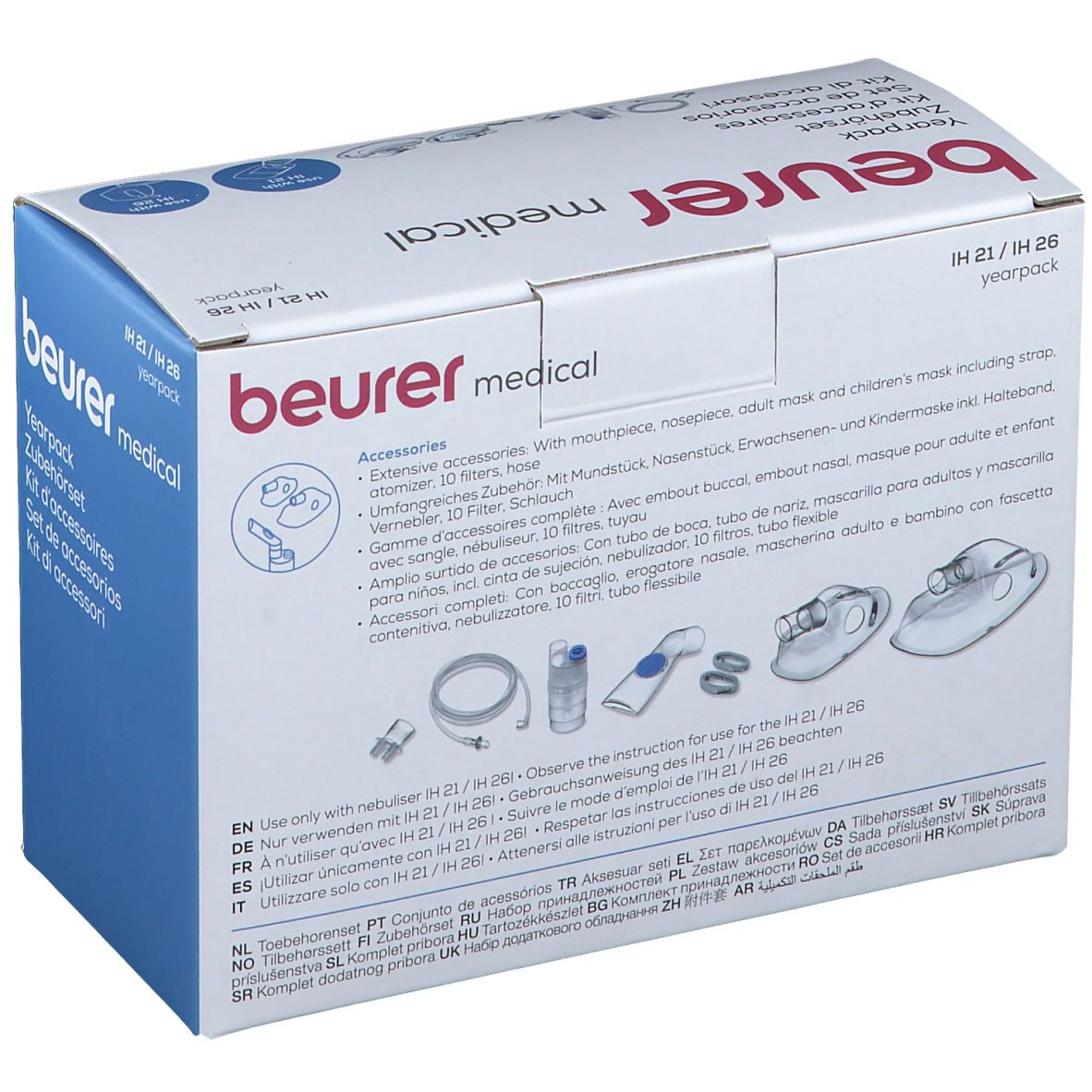 Set accessori Beurer Medical. Confezione con immagini degli accessori, testo multilingue. Include maschere e boccagli.