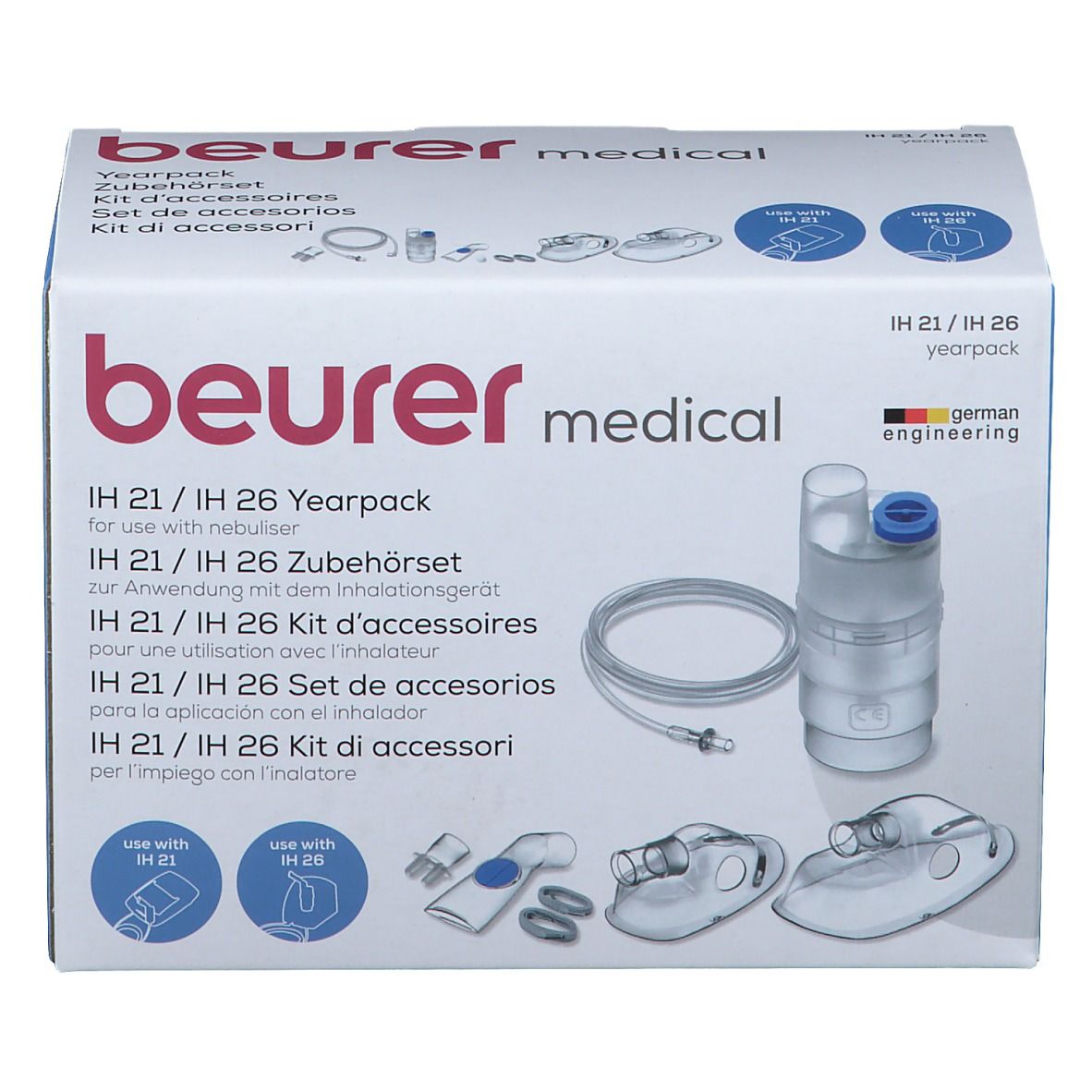 Set accessori Beurer Medical. Confezione con accessori per inalazione, maschere, tubo e boccaglio. Immagine del prodotto.