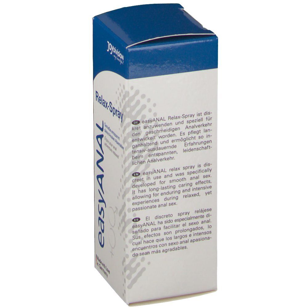Retro della confezione. Testo in più lingue. Logo: JoyDivision. Nome prodotto: easyANAL Relax-Spray.