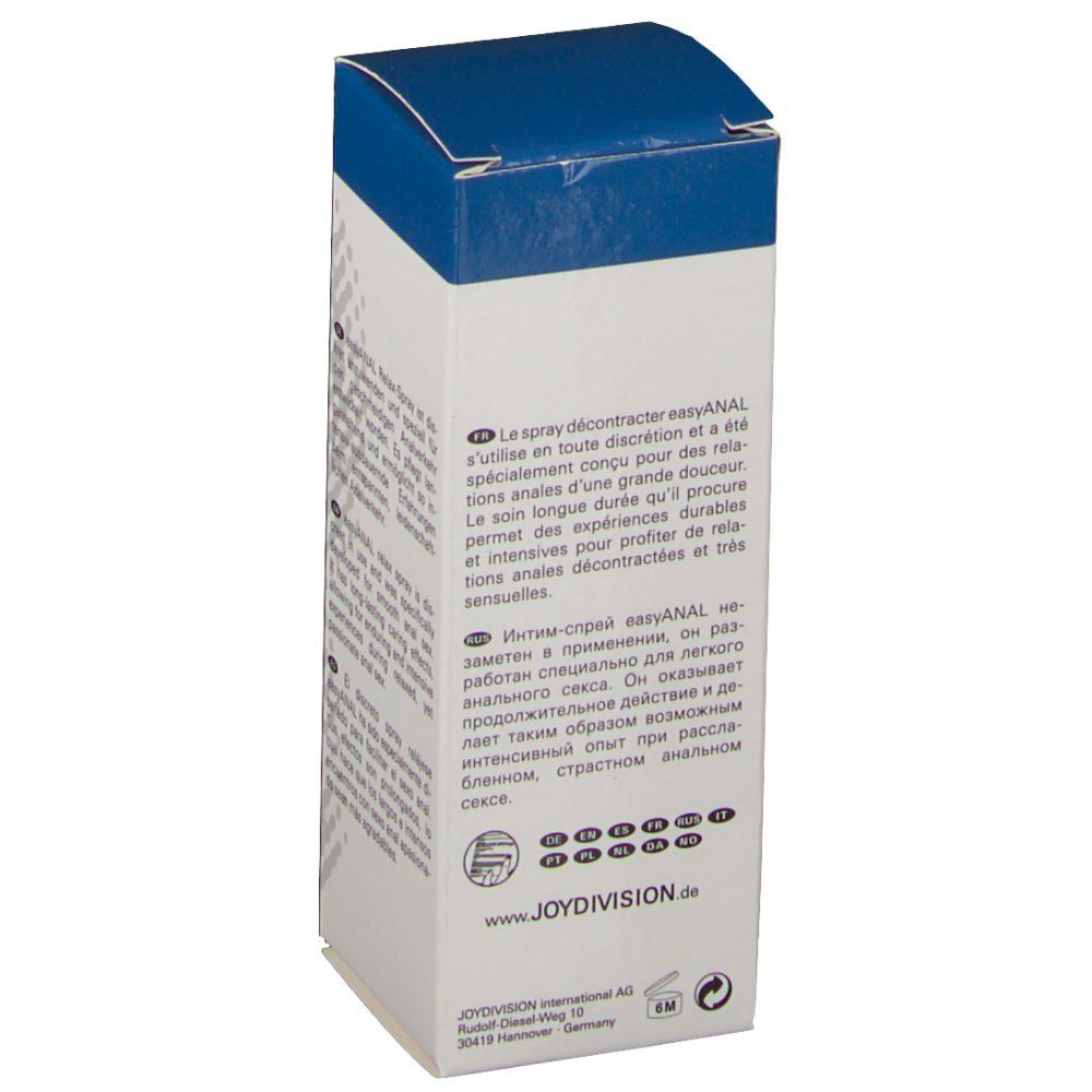 Retro della confezione. Testo in più lingue. Logo: JoyDivision. Nome prodotto: easyANAL Relax-Spray.