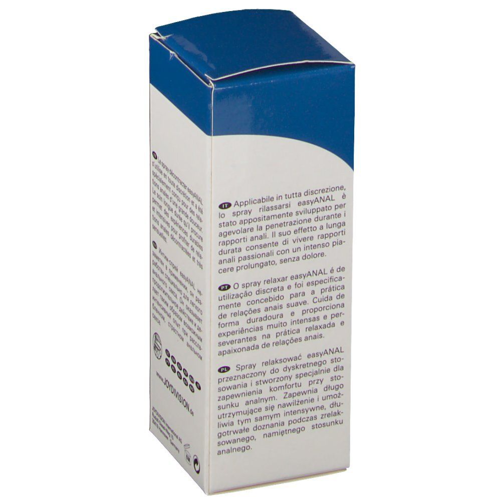 Retro della confezione. Testo in più lingue. Logo: JoyDivision. Nome prodotto: easyANAL Relax-Spray.